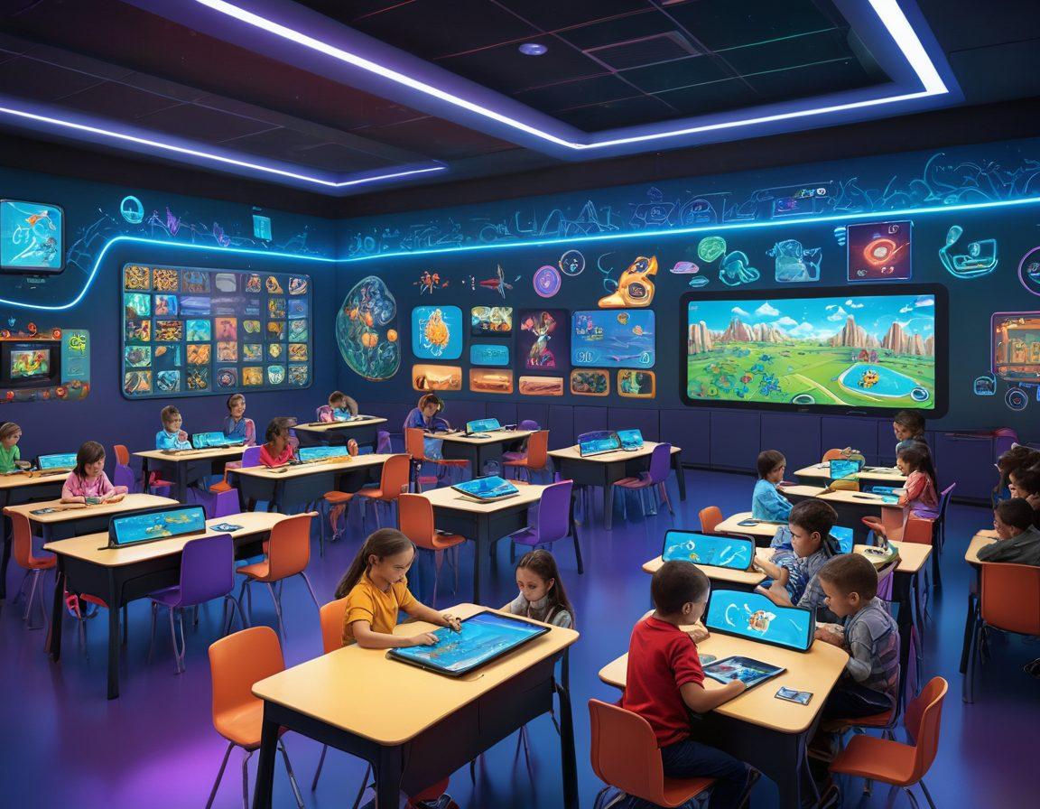 A futuristic classroom with children engaged in interactive educational games on tablets, showcasing vibrant and colorful game graphics by Razkid. The classroom is filled with holographic displays and augmented reality elements, with a teacher guiding the kids. The environment should be bright, dynamic, and filled with technology that promotes learning and fun. 3D. vibrant colors. super-realistic.