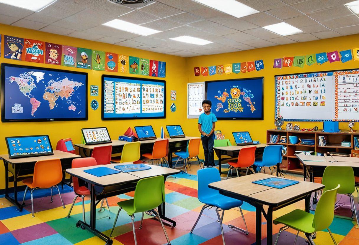 A vivid, magical classroom where kids are excitedly using tablets and interactive whiteboards. The gadgets display colorful educational games and animated characters. The room is filled with bright, stimulating educational posters and playful furniture arranged to encourage collaboration. Super-realistic. vibrant colors.