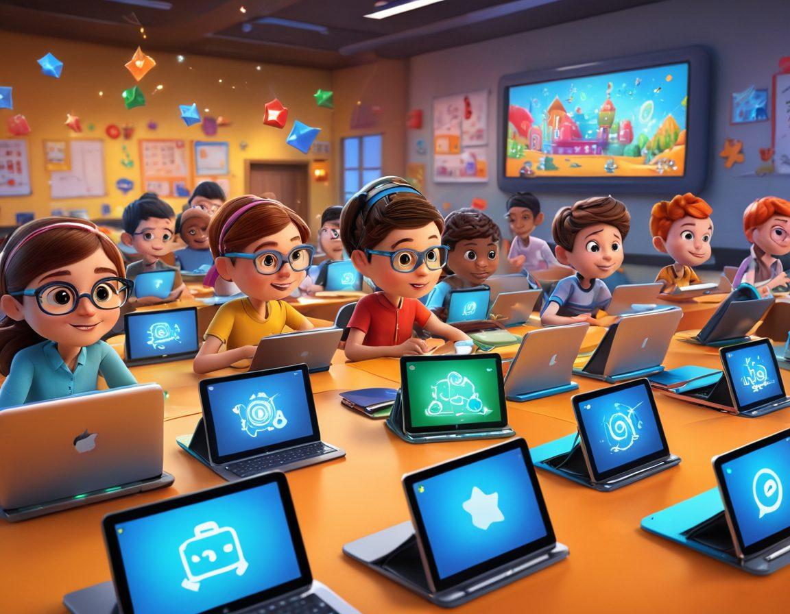 A vibrant digital classroom filled with enthusiastic kids using tablets and laptops, engaged in interactive learning activities. Include colorful educational games and animated characters, with a friendly virtual robot assisting them. The background features playful, dynamic elements like books, stars, and numbers floating around. super-realistic. vibrant colors. playful atmosphere.